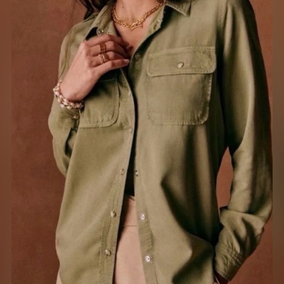 Sezane Tops - Sézane Davina Button Down Shirt, snap buttons, pockets, kaki, FR 34, NWT